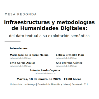 Crespillo Marí, L. (2026). Infraestructura de datos y metodologías de Humanidades Digitales: del dato textual a su explotación semántica. Mesa Redonda junto a María José de la Torre Molina, Livia García Aguilar, Antonio Pardo Cayuela y Ana Barrena Gómez. Martes 10 de mazo de 2026, 11: horas. Facultad de Filosofía y Letras (seminario 311). Universidad de Málaga.